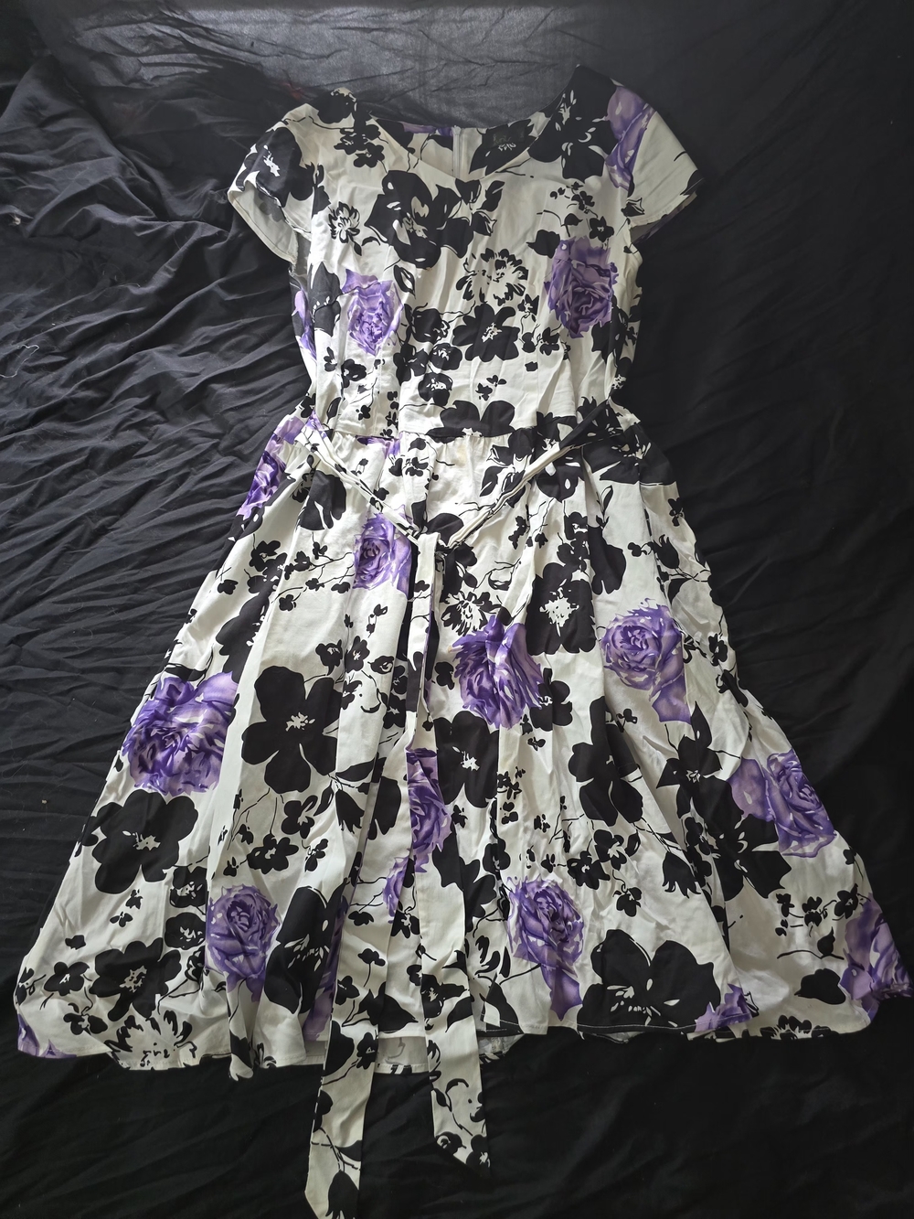 Floral Fit-and-Flare Dress in White with Purple & Black Print